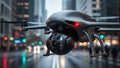 Advanced surveillance drone with multilens camera hovers over a wet city street with blurred lights Royalty Free Stock Photo
