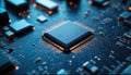 Advanced tech chip embedded in complex circuit board. High-tech processor shows intricate design. Close-up view displays advanced