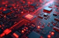 Advanced tech circuit board glows with red light. Intricate network of chips, components. Data transfer system. Futuristic tech