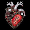 Advanced tech heart with blood vessels and computer chips, fusion of organic and silicon-based life concept. Generative AI