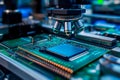 Advanced technology in action as microscope examines a complex microchip on a production line Royalty Free Stock Photo