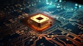 Advanced technology concept visualization: computer motherboard with a golden microchip