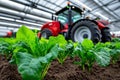 An advanced technology farm with autonomous tractors and AI-driven irrigation systems, growing crops in a highly efficient, data-