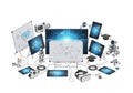 Advanced technology gadgets and devices interconnected with digital networks and virtual reality elements Royalty Free Stock Photo