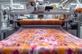 Advanced textile machine weaving vibrant patterned fabric in an industrial workshop Royalty Free Stock Photo