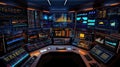 Advanced trading desk with multiple monitors displaying financial data, graphs, and charts in a high-tech financial Royalty Free Stock Photo