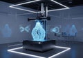 Advanced transparent laboratory environment showcasing 3D printing equipment creating complex plastic prototype form in futuristic Royalty Free Stock Photo