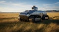 Advanced unmanned tracked combat vehicle with advanced sensor turret explores a grassy terrain under a clear blue sky Royalty Free Stock Photo