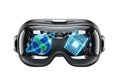 Advanced virtual reality headset displaying a globe and digital cube in a futuristic interface Royalty Free Stock Photo