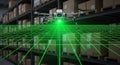 Advanced warehouse automation with a drone scanning inventory using a green laser grid for efficient logistics and supply chain Royalty Free Stock Photo