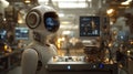 Advanced white humanoid robot in a tech-driven factory