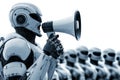Advanced white robot using megaphone to address row of identical robotic counterparts symbolizing AI evolution collective