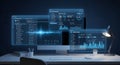 Futuristic user interface design displays real-time data and model training insights on multiple screens. Royalty Free Stock Photo