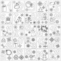 Advent calendar coloring page for christmas, cute doodle christmas symbols in windows from 1 to 25, contour festive tree, wreath, Royalty Free Stock Photo