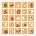 Advent calendar, countdown numbers before Christmas holiday. Winter holiday, december dates festive events. Hand drawn