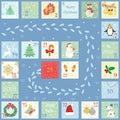 Advent calendar with cute bright pictures, symbols of the new year and Christmas.