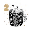 Advent calendar with cute scandinavian hand drawn vector. Twenty-four days before Christmas. Second Day. Illustration of