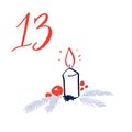 Advent calendar, day 13. Cute hand drawn illustration, large handwritten number on white background. Christmas card Royalty Free Stock Photo