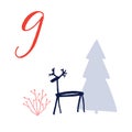 Advent calendar, day 9. Cute hand drawn illustration, large handwritten number on white background. Christmas card Royalty Free Stock Photo