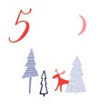Advent calendar, day 5. Cute hand drawn illustration, large handwritten number on white background. Christmas card Royalty Free Stock Photo