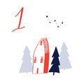 Advent calendar, day 1. Cute hand drawn illustration, large handwritten number on white background. Christmas card Royalty Free Stock Photo