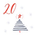 Advent calendar, day 20. Cute hand drawn illustration, large handwritten number on white background. Christmas card Royalty Free Stock Photo