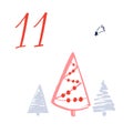 Advent calendar, day 11. Cute hand drawn illustration, large handwritten number on white background. Christmas card Royalty Free Stock Photo