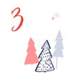 Advent calendar, day 3. Cute hand drawn illustration, large handwritten number on white background. Christmas card Royalty Free Stock Photo