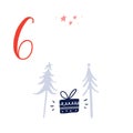 Advent calendar, day 6. Cute hand drawn illustration, large handwritten number on white background. Christmas card Royalty Free Stock Photo