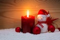 Advent candle and Snowman with Christmas decorations isolated. Royalty Free Stock Photo