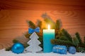 Advent candle and wood fir tree . Christmas background. Royalty Free Stock Photo