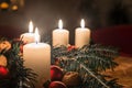 Advent candles with decorated fir tree on a ancient table