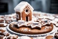 Advent candlestick with four lighted candles and christmas homemade gingerbread house Royalty Free Stock Photo