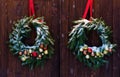 Advent Christmas wreath on wooden door decoration