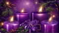 Advent - Four Purple Candles With Christmas Ornament In Shiny Night Royalty Free Stock Photo