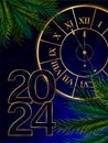 The advent of the New Year 2024 - Stylized clock and fir branches Royalty Free Stock Photo