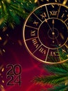 New Year 2024 - Stylized clock, fir branches and flying gold foil Royalty Free Stock Photo