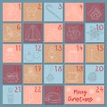 Advent retro style calendar. Sketch Christmas, winter and New Year symbols. Hand drawing style. Manually drawn vector