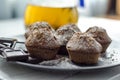 Tea party. Homemade muffins with pieces of chocolate. Royalty Free Stock Photo