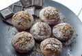 Tea party. Homemade muffins with pieces of chocolate. Royalty Free Stock Photo