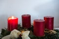 Advent wreath - first candle burns Royalty Free Stock Photo