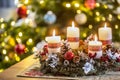 Advent wreath with four white burning candles christmas ball and decorations on a wooden background with festive Royalty Free Stock Photo