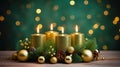 Advent wreath with golden burning candles on green background