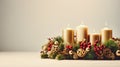 advent wreath with golden burning candles on light background