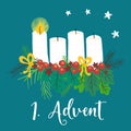 Advent wreath illustration. Christmas arrangements with 4 candles, one burning, bows, berries and pine branches. 1st