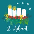 Advent wreath illustration. Christmas arrangements with 4 candles, two burning, bows, berries and pine branches. 2nd