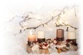 Advent wreath with one burning candle and white background with Christmas lights Royalty Free Stock Photo