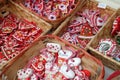 Advent in Zagreb, Croatia. A vendor selling hand made Christmas decorations with traditional Licitar heart symbol of Zagreb Royalty Free Stock Photo