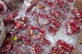 Advent in Zagreb, Croatia. A vendor selling hand made Christmas decorations with traditional Licitar heart symbol o Zagreb