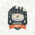 Adventure awaits. Camping quote, print, patch. Vector illustration Concept for shirt or logo, print, stamp or tee